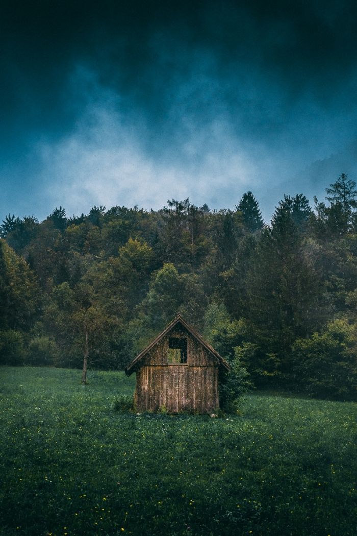 Wooden house under the rain